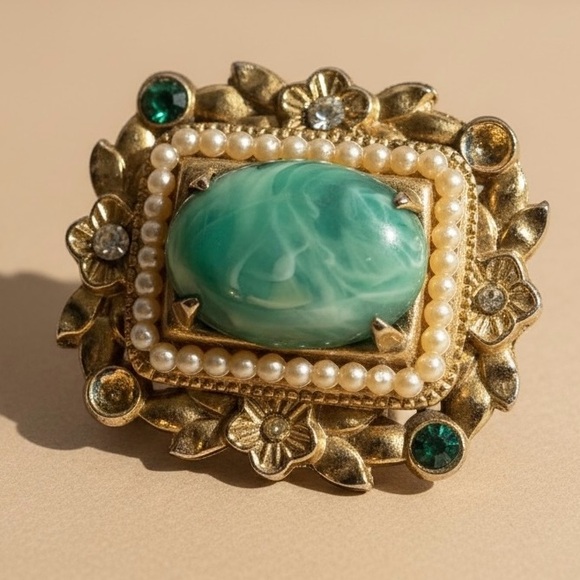 Estate Jewelry - Vintage Green Cabochon Floral Brooch Pearl Halo Gold Tone Statement Estate Glam